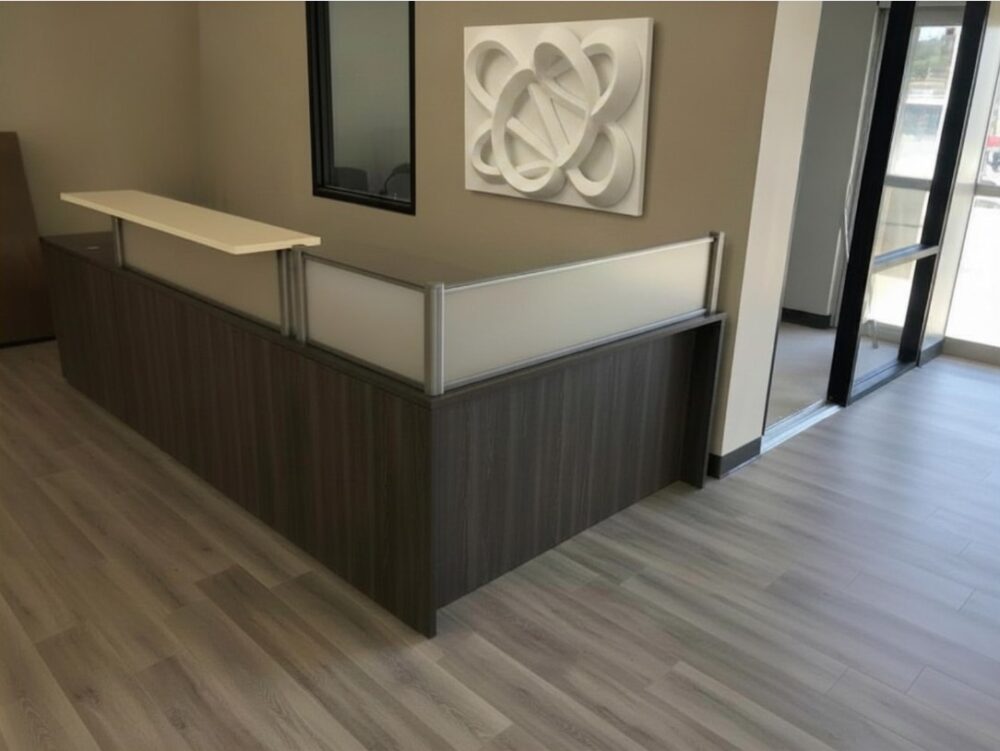 Gray 10f reception desk with white countertop Gray 10f reception desk with white countertop