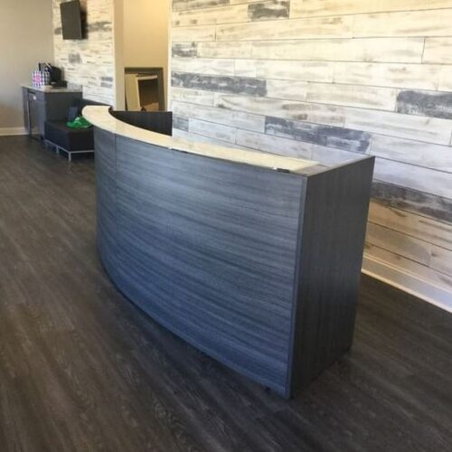 Curved Two person Reception Desk with Floating White Glass Top | COR401