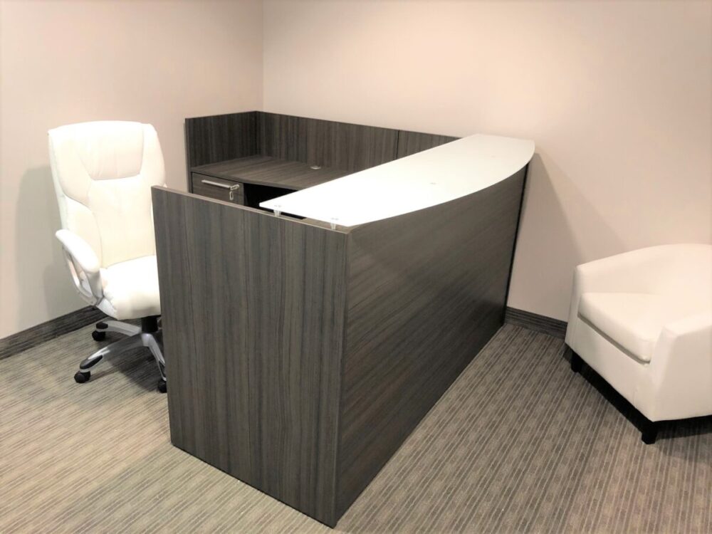 Gray Reception Desk with White Glass Counter Top Gray Reception Desk with White Glass Counter Top