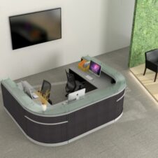 Reception desk with gray finish and glass counter tops