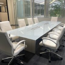 White Glass Conference Table 10ft with Blanc de Gris base