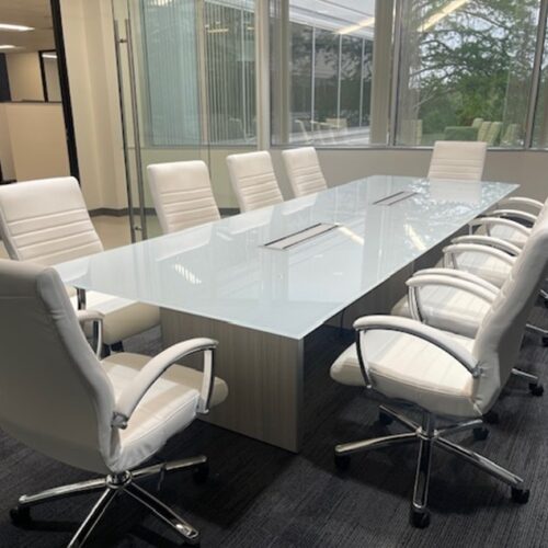White Glass Conference Table 10ft with Blanc de Gris base