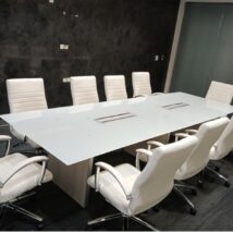 White Glass Conference Table 10ft with Blanc de Gris base