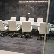 White Glass Conference Table 10ft with Blanc de Gris base