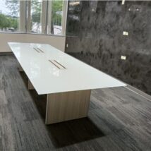 White Glass Conference Table 10ft with Blanc de Gris base d