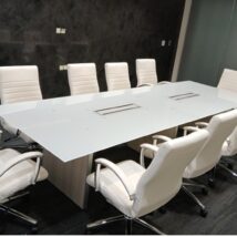 White Glass Conference Table 10ft with Blanc de Gris base