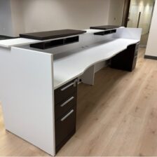 White LED Reception desk 12ft long with Espresso Overlays d