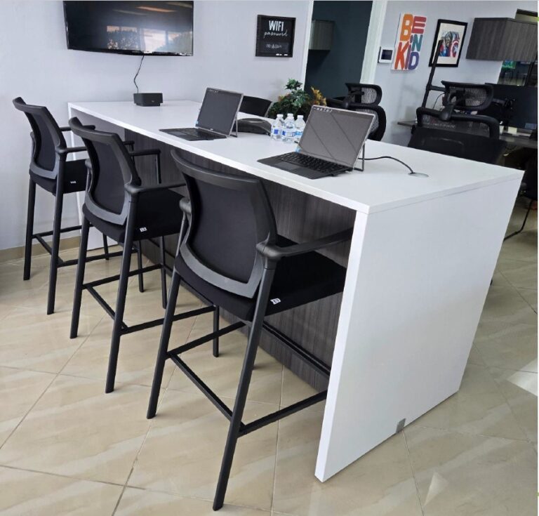 8ft x 42in high Bar Height Table in Blanco and Grigio Gray