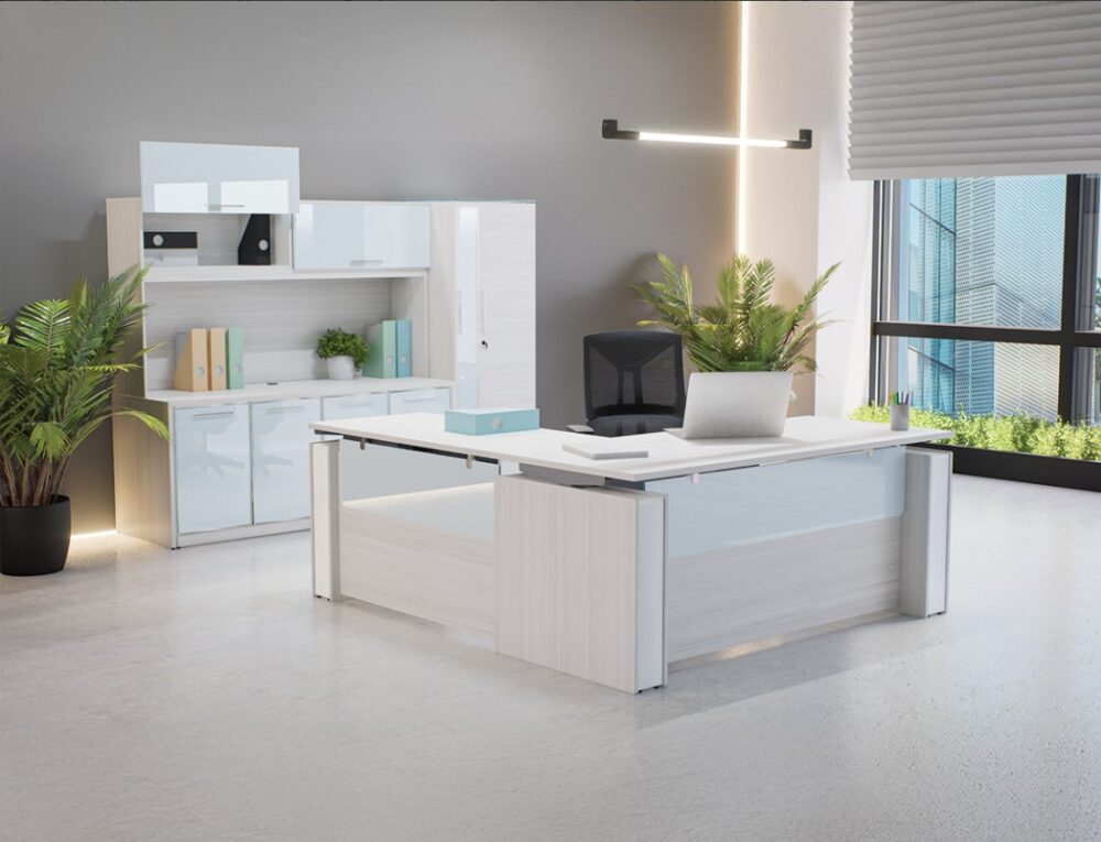 Electric L Shape Desk in Blanc de Gris finish with modesty Electric L Shape Desk in Blanc de Gris finish with modesty