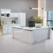 Electric L Shape Desk in Blanc de Gris finish with modesty