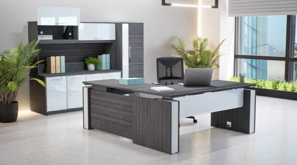Electric L Shape Desk in Grigio Gray finish with short glass modesty Electric L Shape Desk in Grigio Gray finish with short glass modesty