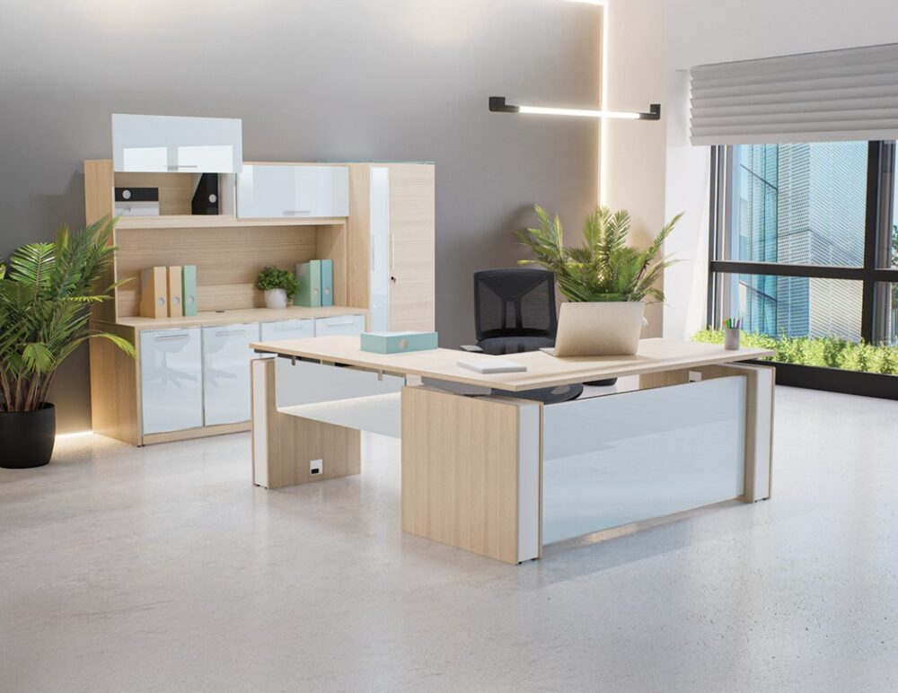 Electric L Shape Desk in Miele finish with modesty Electric L Shape Desk in Miele finish with modesty