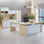Electric L Shape Desk in Miele finish with modesty