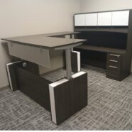 Height Adjustable L Shape Gray finish with hutch and credenza