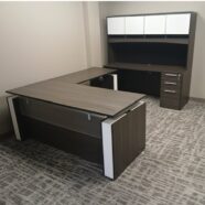 Height Adjustable L Shape Gray finish with hutch and credenza