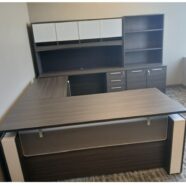 Height Adjustable L Shape Gray finish with hutch and credenza