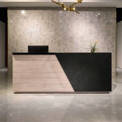 Reception Desk Travertine Texture and Black 78 and 86in long a