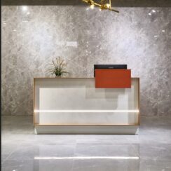 Reception Desk White Oak and Orange 55,63 and 70in long b (1)