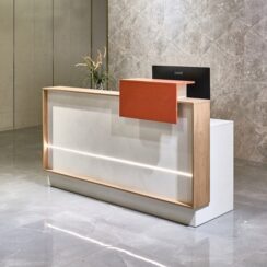 Reception Desk White Oak and Orange 55,63 and 70in long c (1)