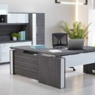 Height Adjustable L Shape Gray finish with hutch and credenza