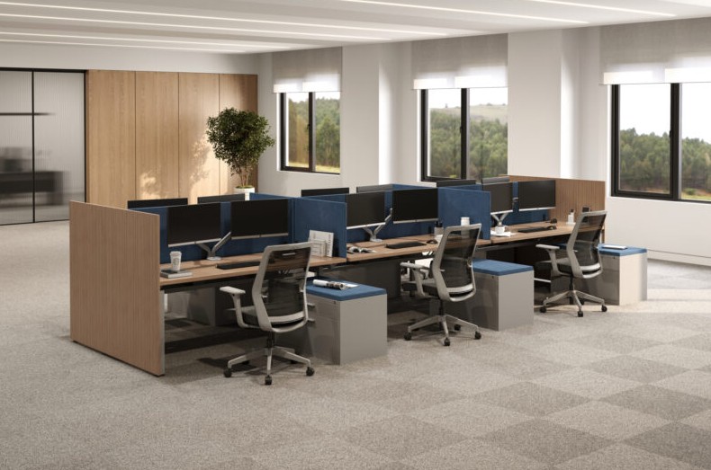 Benching with Laminate high sides and fabric privacy panels Benching with Laminate high sides and fabric privacy panels