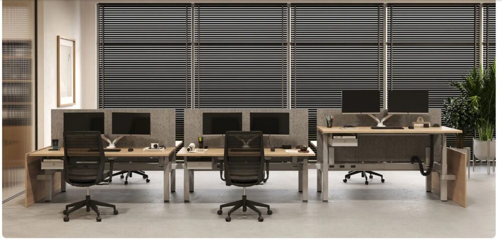 Height adjustable desks with shroud and divider panels Height adjustable desks with shroud and divider panels